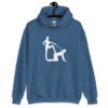 Indigo blue bdsm power dynamic hoodie with the image of a silhouette of a man on his hands and knees and a dominatrix holding his leash printed on the front.