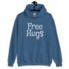 Indigo blue hoodie sweatshirt with the text 'Free Hugs' printed on the front.