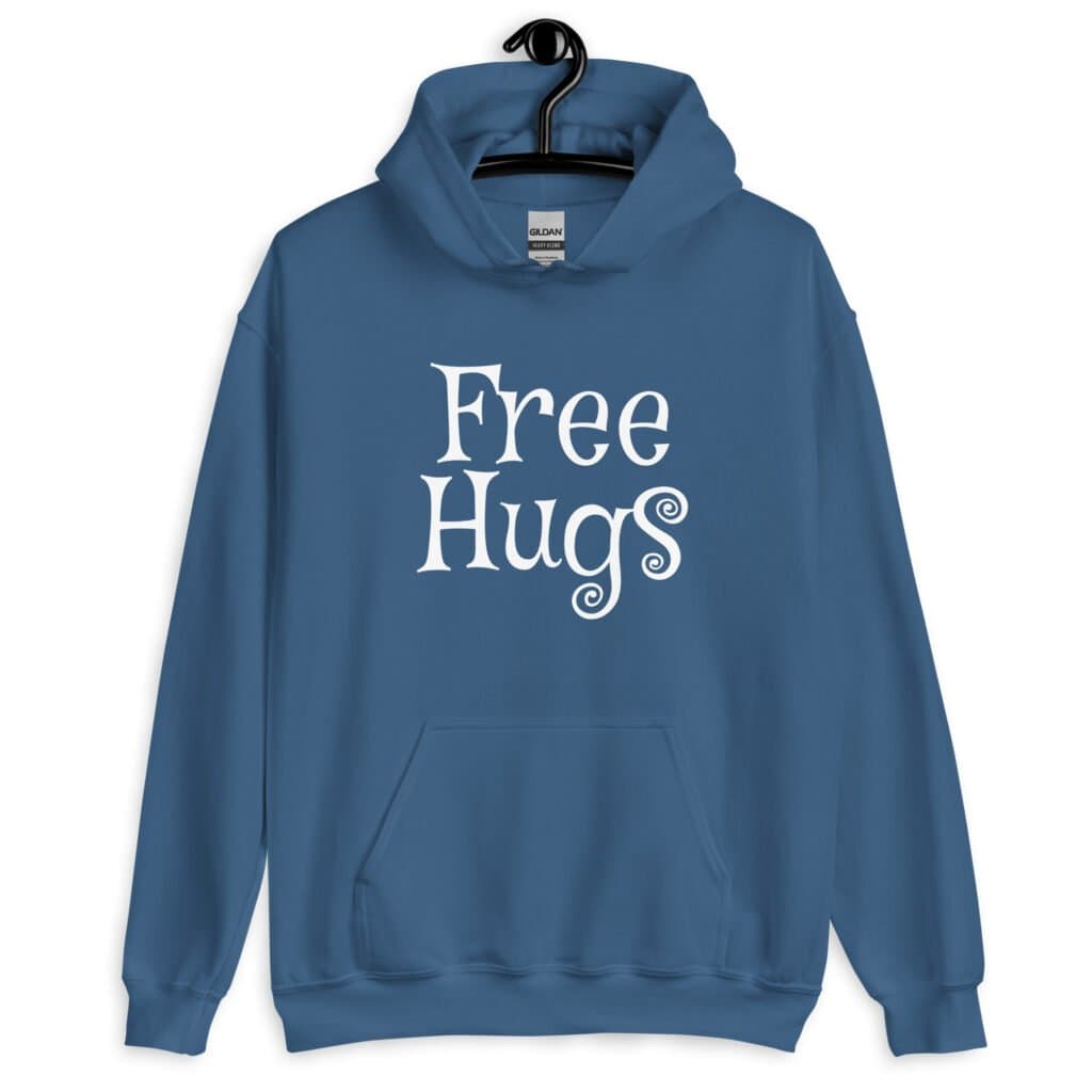 Indigo blue hoodie sweatshirt with the text 'Free Hugs' printed on the front.