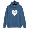 Indigo blue hoodie sweatshirt with a heart image printed on the front. The word 'Penis' is inside the heart.