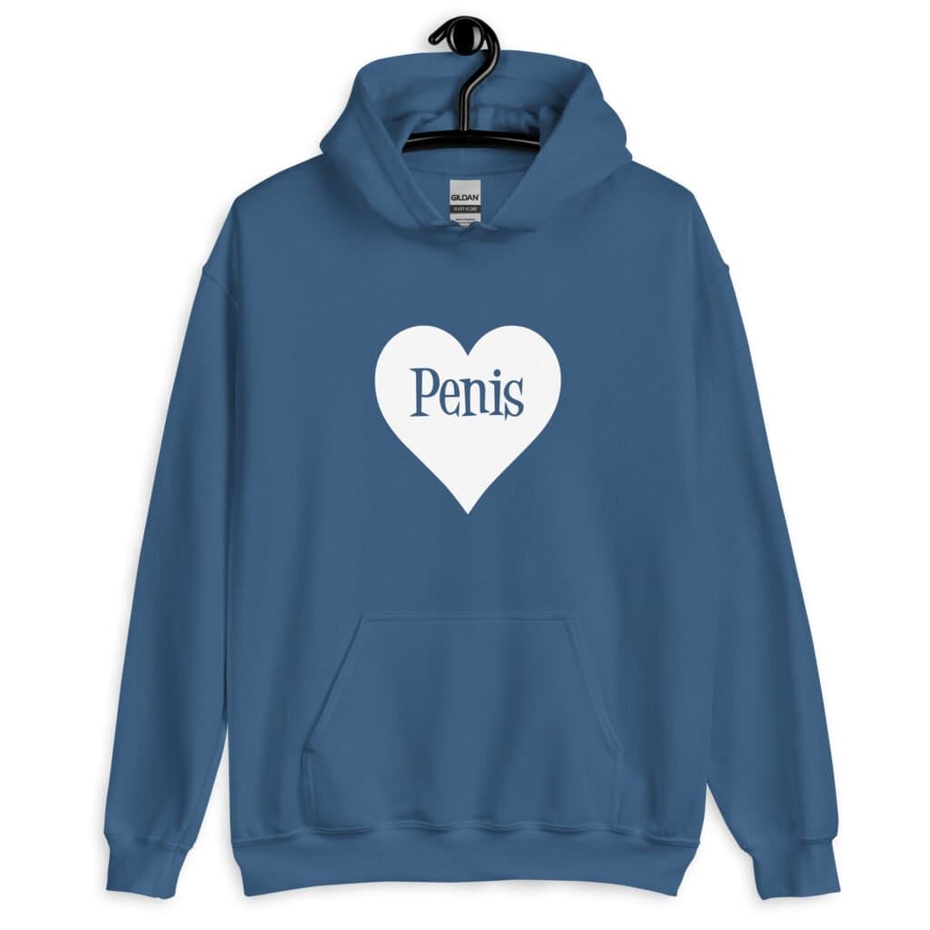 Indigo blue hoodie sweatshirt with a heart image printed on the front. The word 'Penis' is inside the heart.