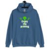 Indigo blue hoodie sweatshirt with an image of a green alien and the text 'Enjoy the probing' printed on the front.