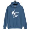 Indigo blue stripper humor hoodie sweatshirt with image of pole dancer and the text 'I support single moms' printed on the front.