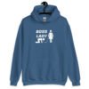Indigo blue hoodie sweatshirt with graphic of collared and leashed man on his hands and knees being led by a woman and the text 'Boss Lady' printed on the front.