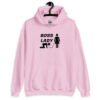 Light pink hoodie sweatshirt with graphic of collared and leashed man on his hands and knees being led by a woman and the text 'Boss Lady' printed on the front.