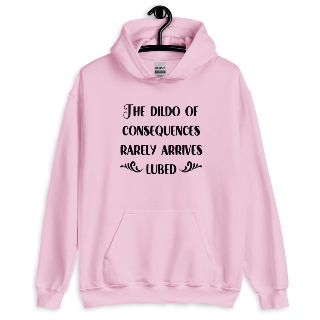 Light pink hoodie sweatshirt with the text 'The dildo of consequences rarely arrives lubed' printed on the front.