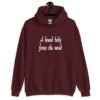 Maroon hoodie sweatshirt with the text 'A bound body frees the mind' printed on the front.
