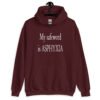 Maroon hoodie sweatshirt with the text 'My safeword is asphyxia' printed on the front.