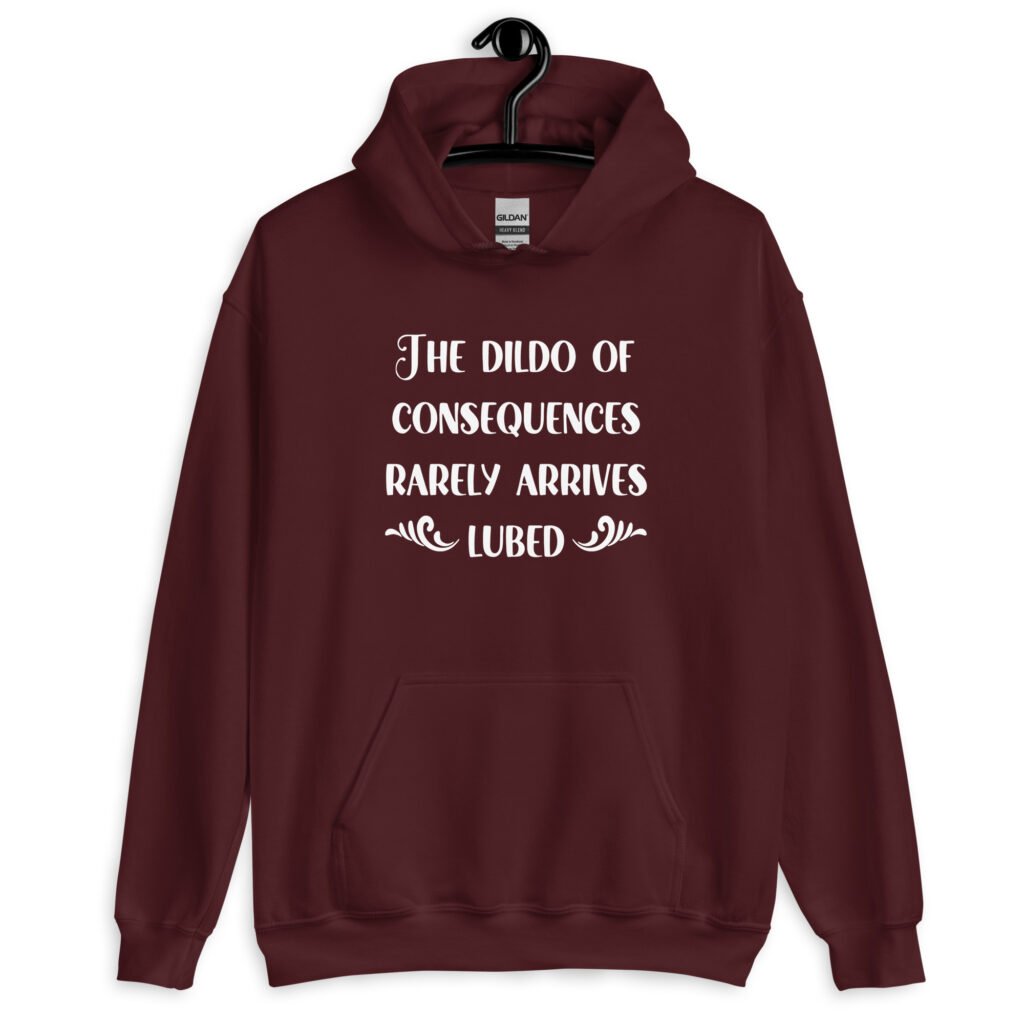 Maroon hoodie sweatshirt with the text 'The dildo of consequences rarely arrives lubed' printed on the front.