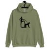 Military green bdsm power dynamic hoodie with the image of a silhouette of a man on his hands and knees and a dominatrix holding his leash printed on the front.