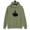 Military green hoodie sweatshirt with an image of middle finger silhouette printed on the front.