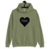 Military green hoodie sweatshirt with a heart image printed on the front. The word 'Penis' is inside the heart.