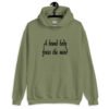 Military green hoodie sweatshirt with the text 'A bound body frees the mind' printed on the front.