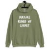 Military green hoodie sweatshirt with the text 'Bukkake ruined my carpet' in drippy font printed on the front.