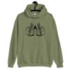 Military green hoodie sweatshirt with an image of 2 line drawing hands with the middle fingers up. The word 'Thoughts' is printed on one middle finger and the word 'Prayers' is printed on the other middle finger. The graphics are printed on the front.