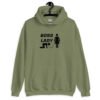 Military green hoodie sweatshirt with graphic of collared and leashed man on his hands and knees being led by a woman and the text 'Boss Lady' printed on the front.