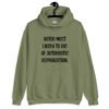 Military green hoodie sweatshirt with the hood up covering some of her face. The hoodie has the text 'Voted most likely to die of autoerotic asphyxiation.' printed on the front.