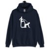 Navy blue bdsm power dynamic hoodie with the image of a silhouette of a man on his hands and knees and a dominatrix holding his leash printed on the front.