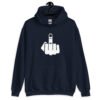 Navy blue hoodie sweatshirt with an image of middle finger silhouette printed on the front.