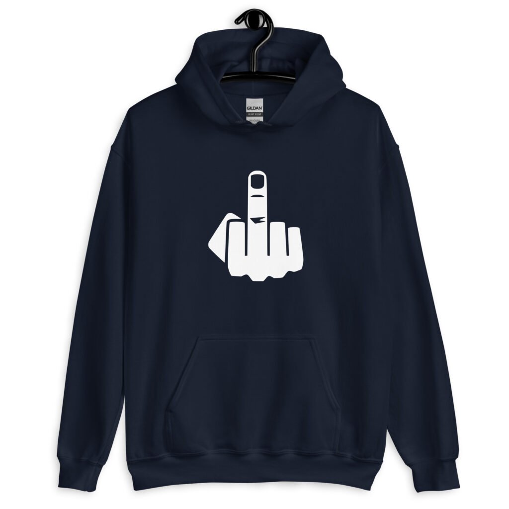 Navy blue hoodie sweatshirt with an image of middle finger silhouette printed on the front.