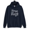 Navy blue hoodie sweatshirt with the text 'Free Hugs' printed on the front.