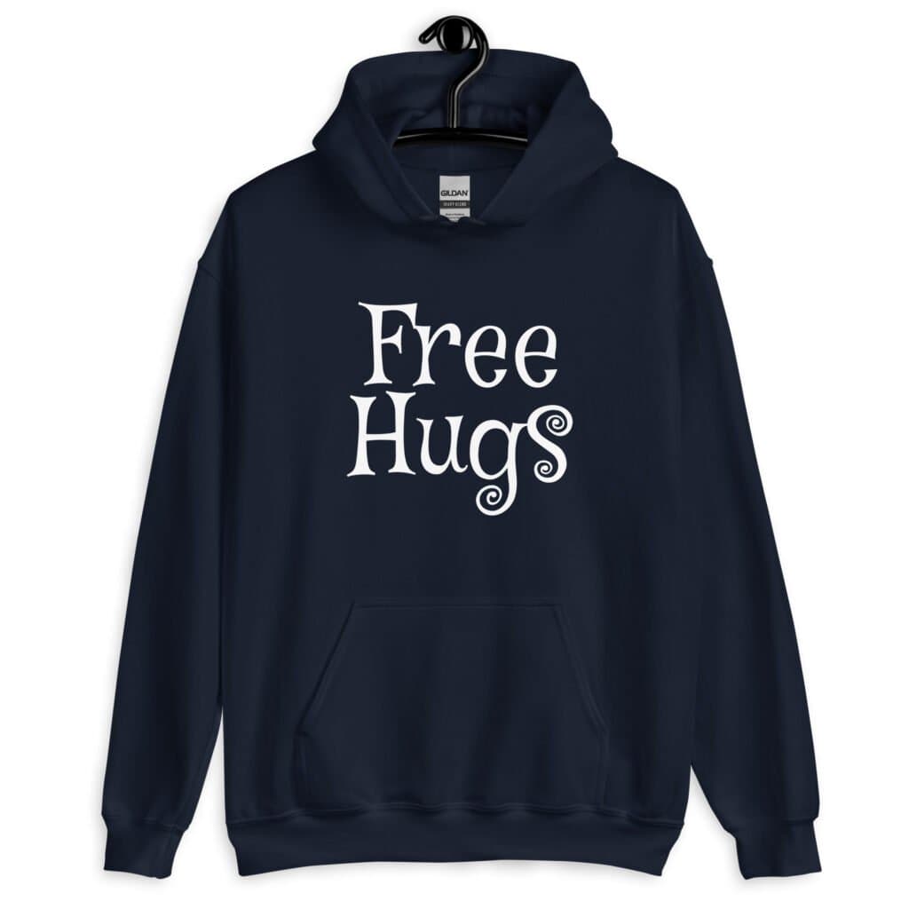 Navy blue hoodie sweatshirt with the text 'Free Hugs' printed on the front.