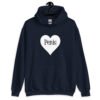 Navy blue hoodie sweatshirt with a heart image printed on the front. The word 'Penis' is inside the heart.