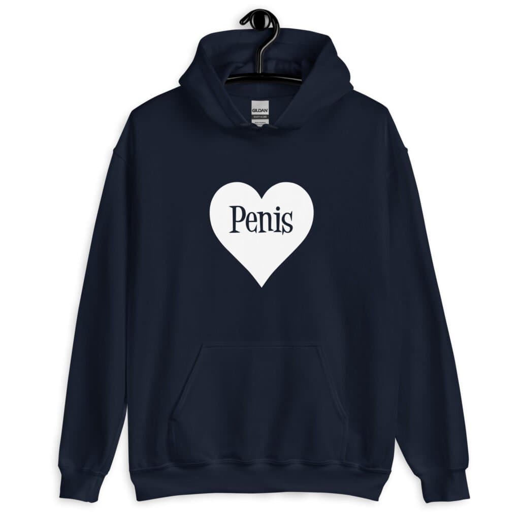Navy blue hoodie sweatshirt with a heart image printed on the front. The word 'Penis' is inside the heart.
