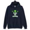 Navy blue hoodie sweatshirt with an image of a green alien and the text 'Enjoy the probing' printed on the front.