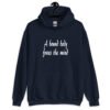 Navy blue hoodie sweatshirt with the text 'A bound body frees the mind' printed on the front.