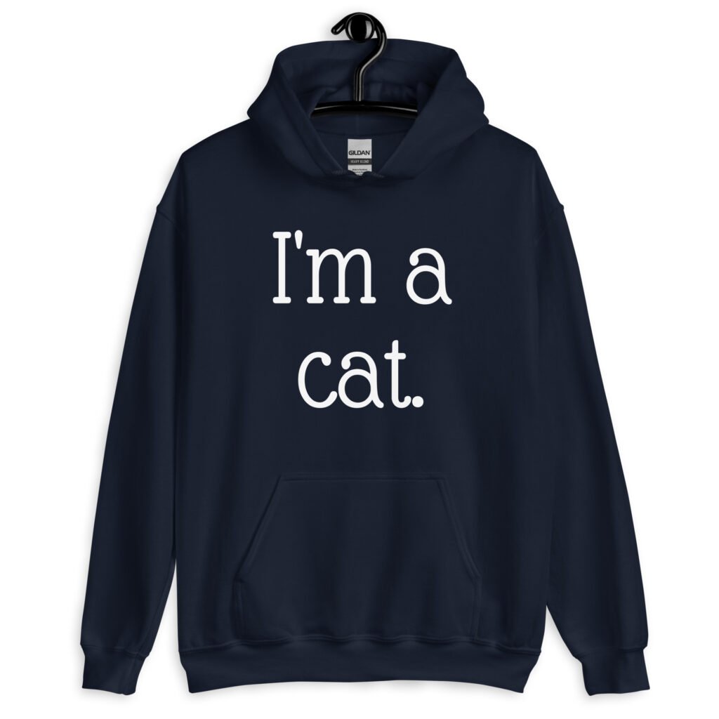 Navy blue hoodie sweatshirt with the text 'I'm a cat' printed on the front.