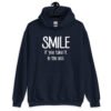 Navy blue hoodie sweatshirt with the text 'Smile if you take it in the ass' printed on the front. The word 'smile' is large and the words 'take it in the ass' are much smaller.
