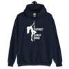 Navy blue stripper humor hoodie sweatshirt with image of pole dancer and the text 'I support single moms' printed on the front.