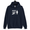 Navy blue hoodie sweatshirt with graphic of collared and leashed man on his hands and knees being led by a woman and the text 'Boss Lady' printed on the front.