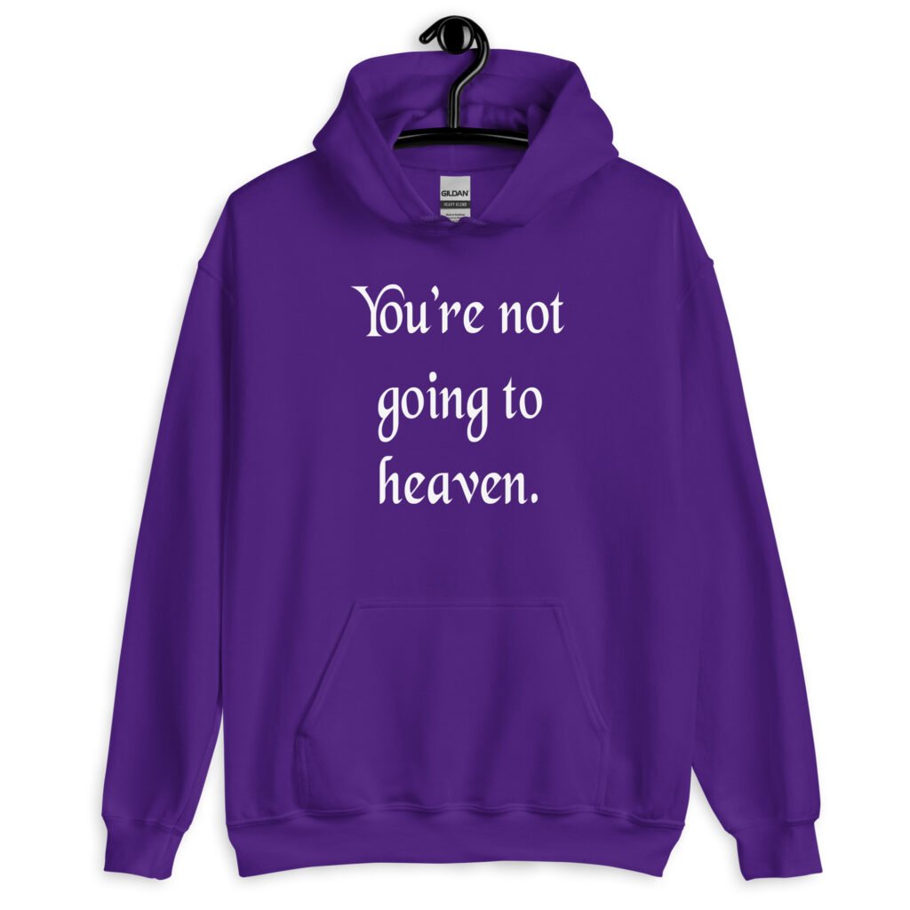 Purple hoodie sweatshirt with the text 'You're not going to heaven.' printed on the front.
