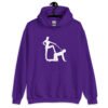 Purple bdsm power dynamic hoodie with the image of a silhouette of a man on his hands and knees and a dominatrix holding his leash printed on the front.
