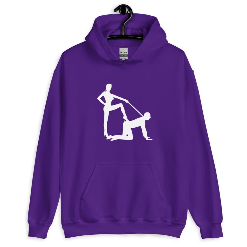 Purple bdsm power dynamic hoodie with the image of a silhouette of a man on his hands and knees and a dominatrix holding his leash printed on the front.