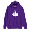 Purple hoodie sweatshirt with an image of middle finger silhouette printed on the front.