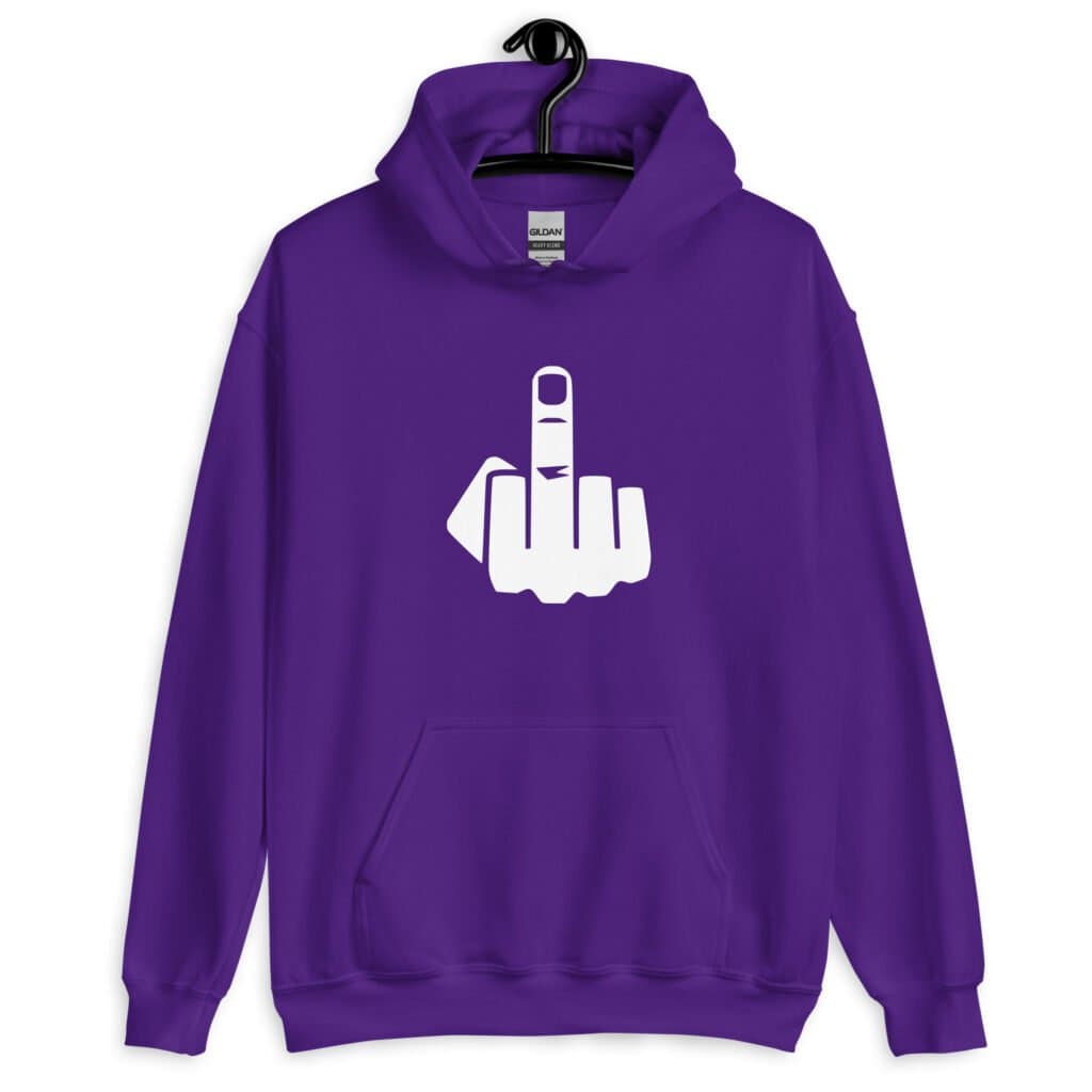 Purple hoodie sweatshirt with an image of middle finger silhouette printed on the front.