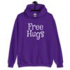 Purple hoodie sweatshirt with the text 'Free Hugs' printed on the front.