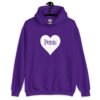 Purple hoodie sweatshirt with a heart image printed on the front. The word 'Penis' is inside the heart.