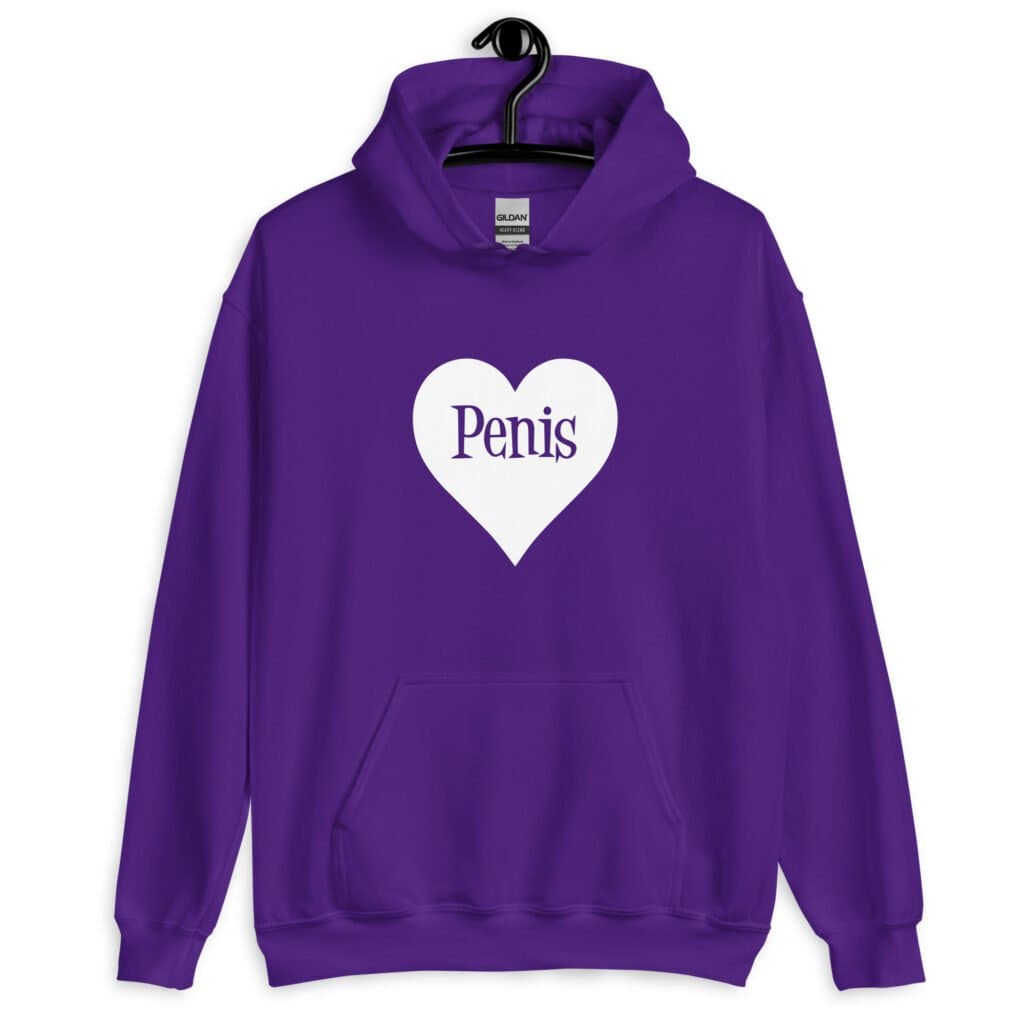 Purple hoodie sweatshirt with a heart image printed on the front. The word 'Penis' is inside the heart.