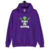 Purple hoodie sweatshirt with an image of a green alien and the text 'Enjoy the probing' printed on the front.