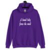 Purple hoodie sweatshirt with the text 'A bound body frees the mind' printed on the front.