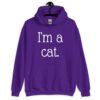 Purple hoodie sweatshirt with the text 'I'm a cat' printed on the front.
