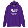 Purple hoodie sweatshirt with the text 'Smile if you take it in the ass' printed on the front. The word 'smile' is large and the words 'take it in the ass' are much smaller.