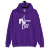 Purple stripper humor hoodie sweatshirt with image of pole dancer and the text 'I support single moms' printed on the front.