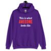 Purple hoodie sweatshirt with the text 'This is what AWESOME looks like' printed on the front.