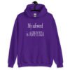 Purple hoodie sweatshirt with the text 'My safeword is asphyxia' printed on the front.