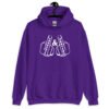 Purple hoodie sweatshirt with an image of 2 line drawing hands with the middle fingers up. The word 'Thoughts' is printed on one middle finger and the word 'Prayers' is printed on the other middle finger. The graphics are printed on the front.